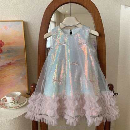 2-7 Years Girls Tulle Fairy Princess Dress Summer Sleeveless Butterfly Star Sequined Children Puffy Skirt Birthday Party Gift