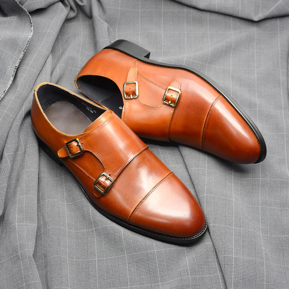 Luxury Men's Wedding Formal Shoes Genuine Leather Pure Brown Black Double Buckle Monk Strap Cap Toe Business Office Dress Shoes