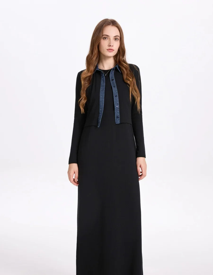 ribbing cardigan with denim collar + sleeveless maxi dress matching set for woman clothes