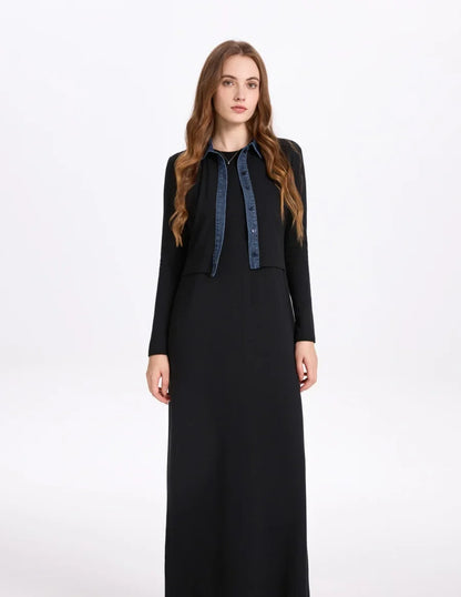 ribbing cardigan with denim collar + sleeveless maxi dress matching set for woman clothes