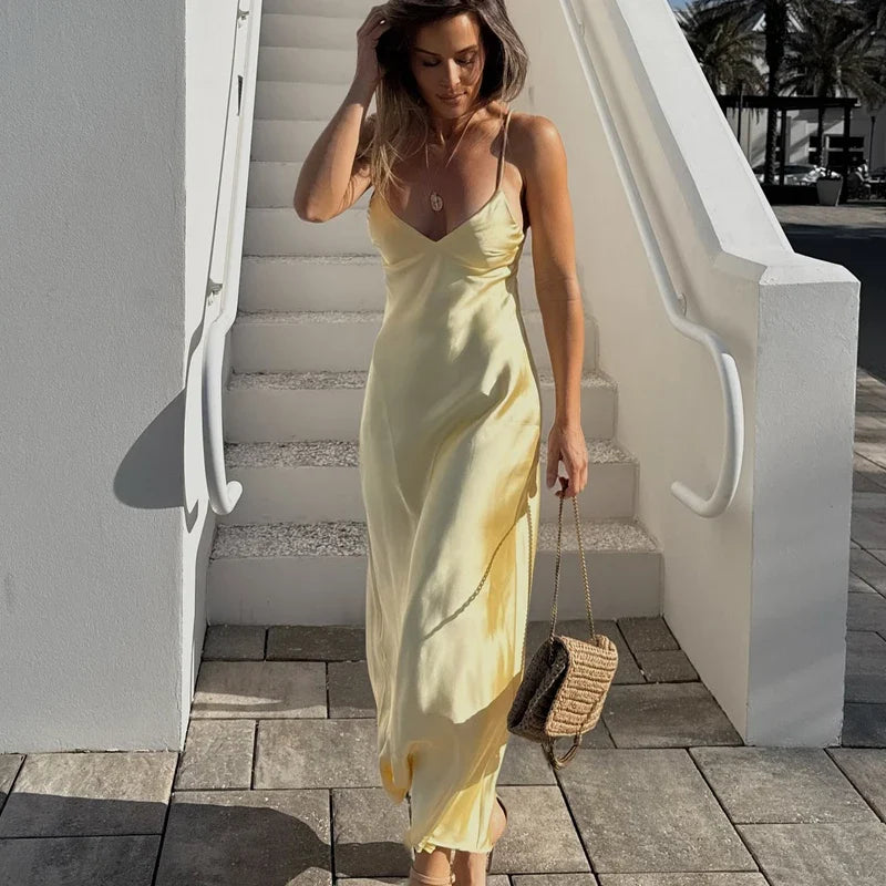 Yellow Dresses Women Satin V Neck Midi Dress Summer Backless Strap Slip Dresses Elegant Evening Party Dress 2025 Vestidos