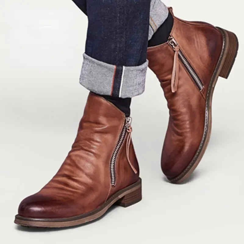 Men's Pu Boots Fashion Chelsea Men's Comfortable High Top Zipper Boots Non-slip Flat  Men's Boots Cowboy
