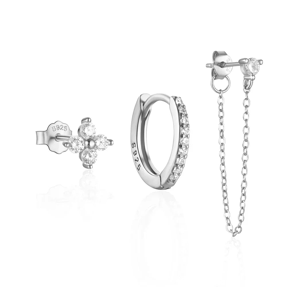925 Sterling Silver 3pcs/set Cute Chians Stud Earrings Set Fashion Zircon Crystal Women Girls Gift Fine Jewelry Set