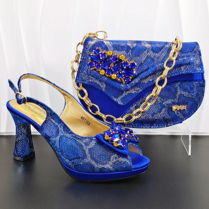 INS Purple Rhinestone-Embellished and Colorful Striped Design Party Wedding Peep Toe Bigger Size Ladies High Heels and Bag Set