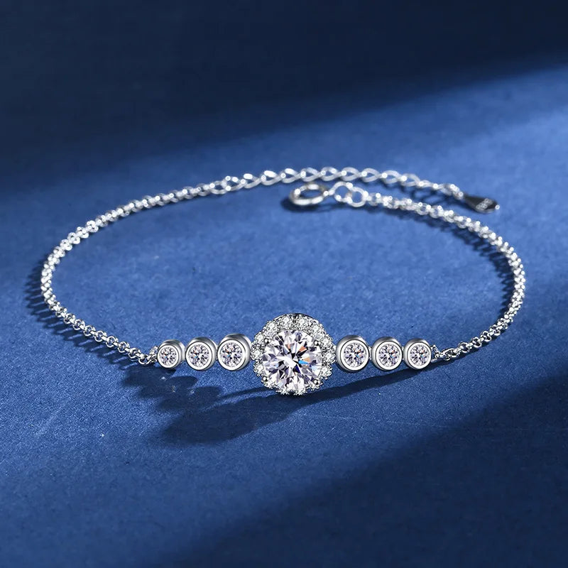 Round Shape 0.5/1CT D Color Moissanite Diamond Link Bracelet for Woman 925 Silver Plated 18k Adjustable Chain Bracelets