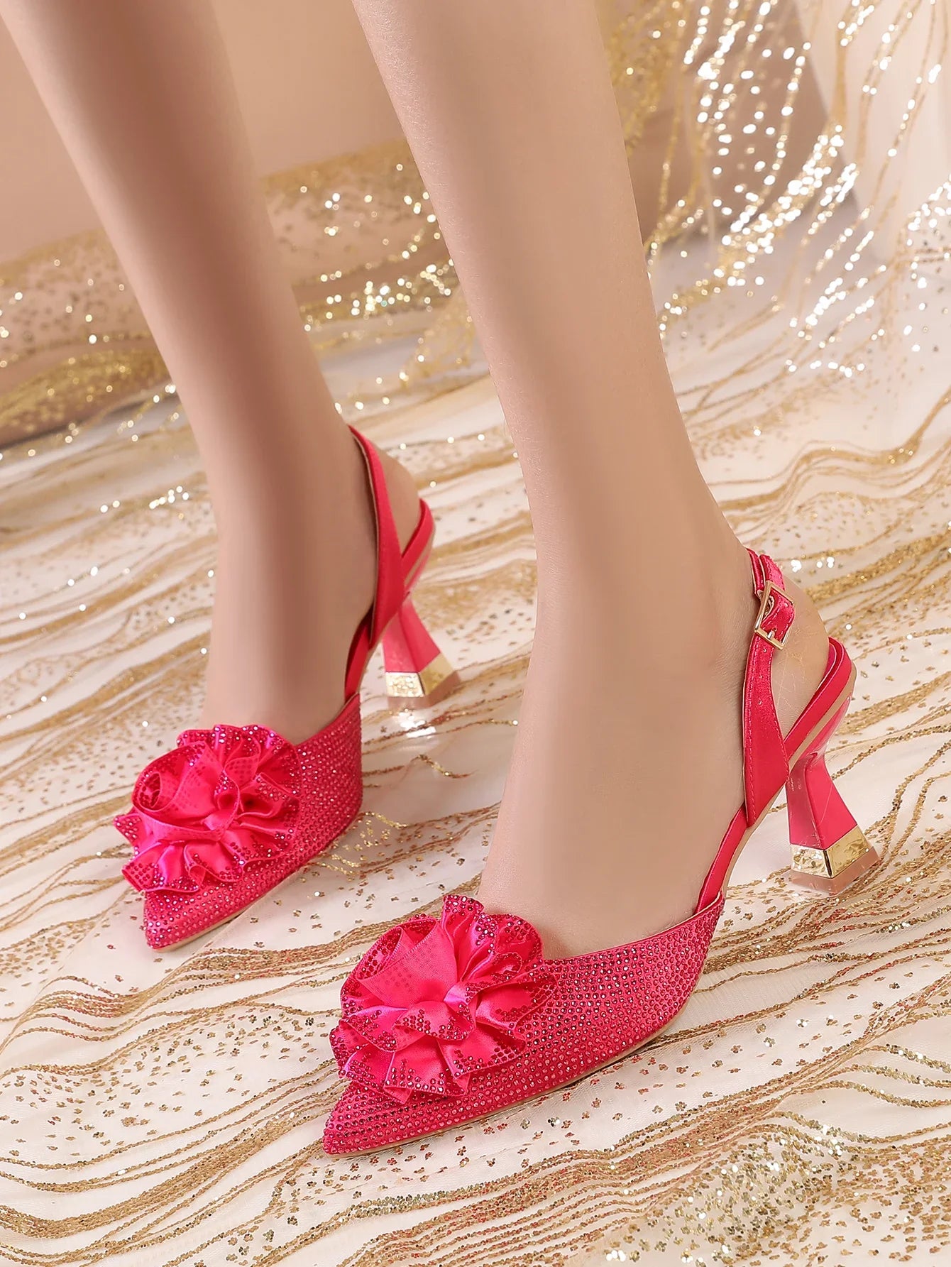 Elegant Fuchsia High-Heeled Women's Shoes with Water Diamond Accents - Stylish Pointed Toe Wedding and Party Pumps