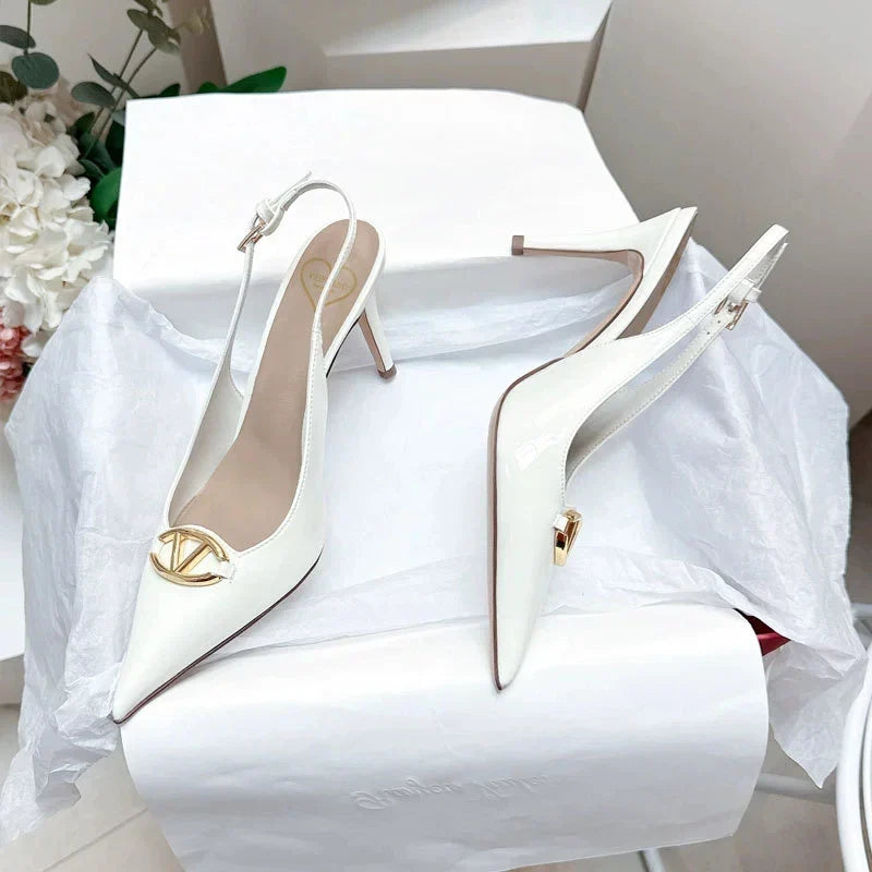Thin heeled Baotou sandals for women's summer 2026 new style, pointed back strap, metal buckle, versatile high-heeled sandals