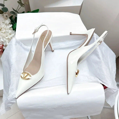 Thin heeled Baotou sandals for women's summer 2026 new style, pointed back strap, metal buckle, versatile high-heeled sandals