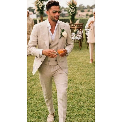 3-piece Beige Linen New Arrival Groomsmen Peak Lapel Groom Tuxedos Men Suits Wedding Best Blazer Beach Party( Jacket+Vest+Pants)