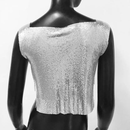 Women Metal Sequins Crop Tops Sexy Hollow Out Sleeveless Backless Y2k Tank Tops Nightclub Party Rave Festival Camisole 2023 New