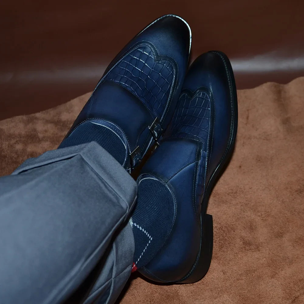 Classic Men's Genuine Leather Dress Shoes Double Buckle Monk Strap Wingtip Crocodile Print Business Office Formal Footwear Man