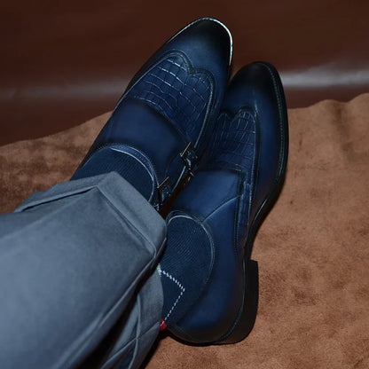 Classic Men's Genuine Leather Dress Shoes Double Buckle Monk Strap Wingtip Crocodile Print Business Office Formal Footwear Man