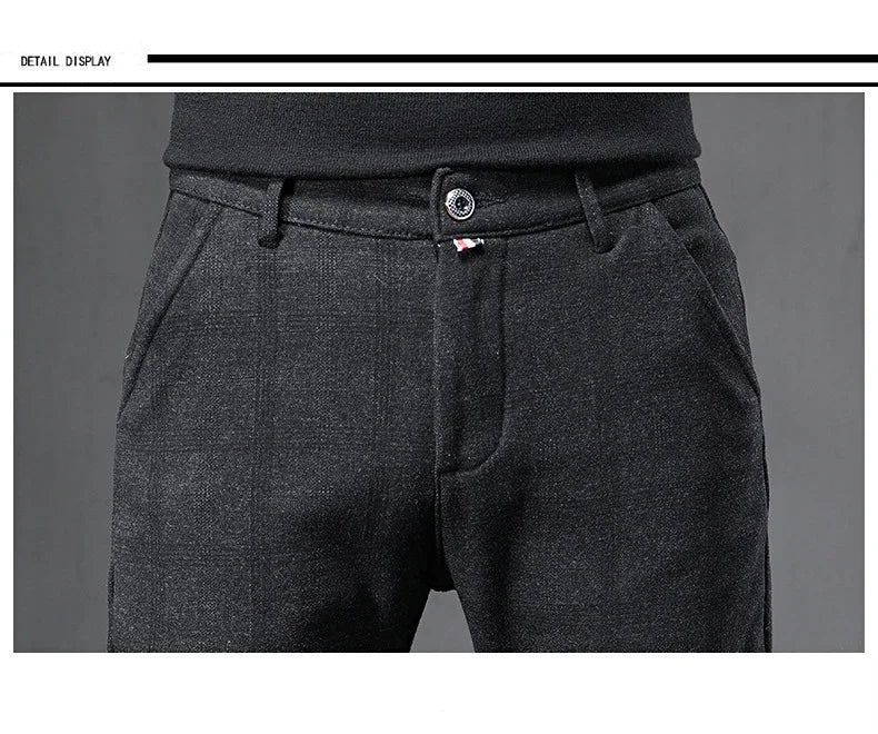 Autumn Men's Brushed Plaid Casual Pants Korean Style Gray Elastic Straight Slim Fit Fashionable Work Pants Blue and Black Male