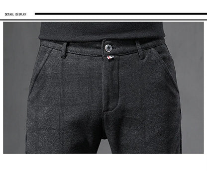 Autumn Men's Brushed Plaid Casual Pants Korean Style Gray Elastic Straight Slim Fit Fashionable Work Pants Blue and Black Male