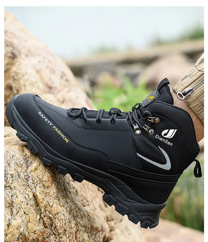 Men Work Boots Puncture-Proof Waterproof Work Shoes Steel Toe Safety Boots Industrial Indestructible Boots Side Leather Shoes