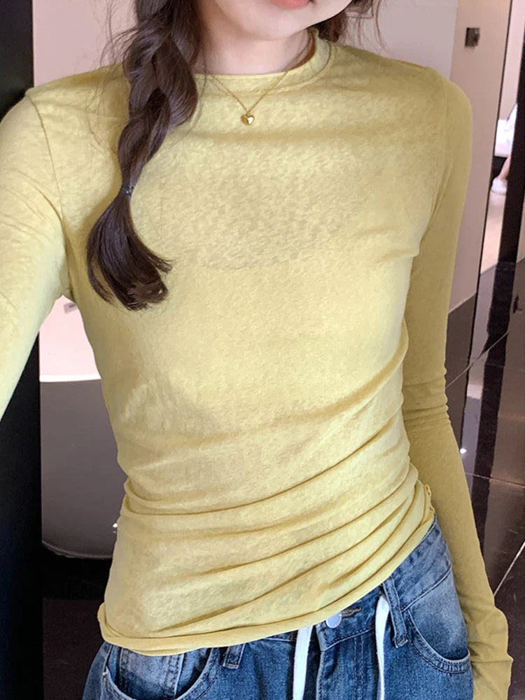 Spring Autumn T shirt Women Tops Solid Slim Fit Long Sleeve O Neck Tshirts Female Casual Streetwear High Quality Base Tees