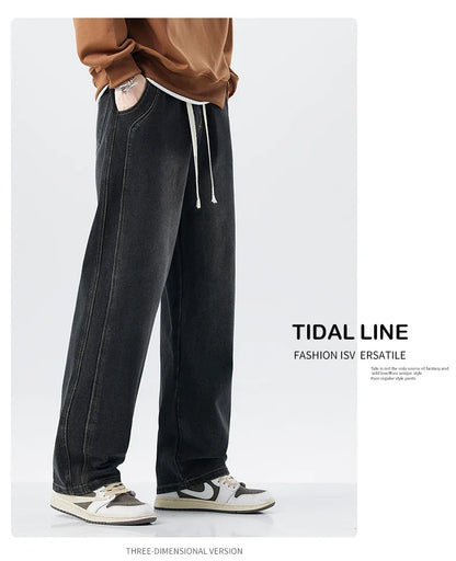 Men's Retro Jeans Elastic Waist Fashion Loose Straight Casual Wide Pants Cotton Casual Korean Baggy Wide Leg Denim Trousers