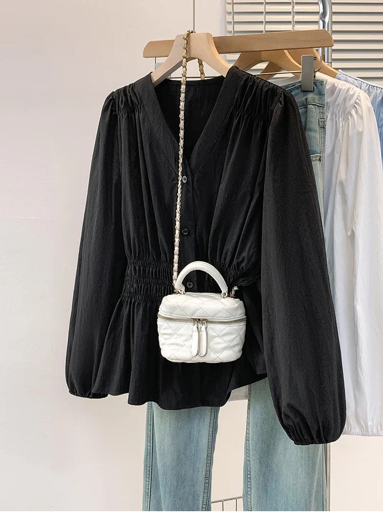 2026 V-neck Long Sleeved Plus Size Shirt Loose Pleated Ruffle Oversized Tops Ladies Chic Elegant Solid Versatile Blouse