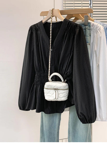 2026 V-neck Long Sleeved Plus Size Shirt Loose Pleated Ruffle Oversized Tops Ladies Chic Elegant Solid Versatile Blouse