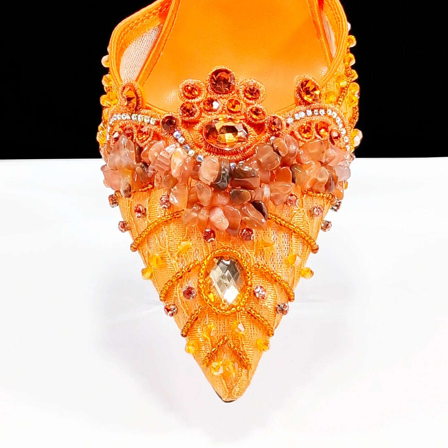 High Heel for Lady 2025 Luxury Designer Orange Color Full Diamond Pointed Toe Wedding Shoe and Bag Set for Party