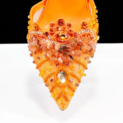 High Heel for Lady 2025 Luxury Designer Orange Color Full Diamond Pointed Toe Wedding Shoe and Bag Set for Party