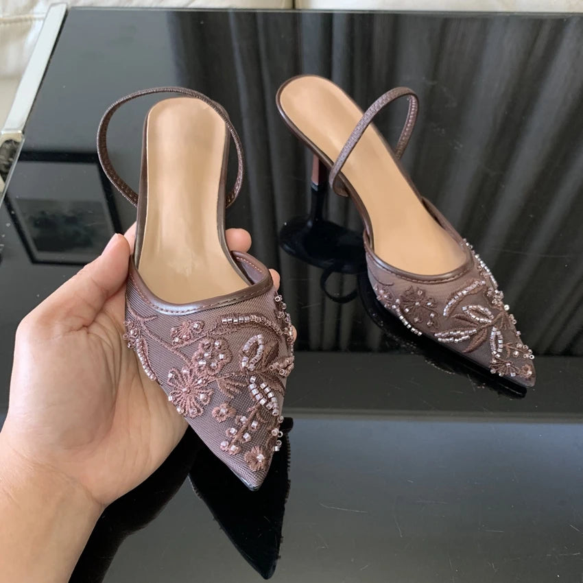 Summer Pointed Toe Mesh Embroider High Heels for ladies Elegant String Bead pumps Sexy Luxury Designer Shoe Brown Heeled Sandals