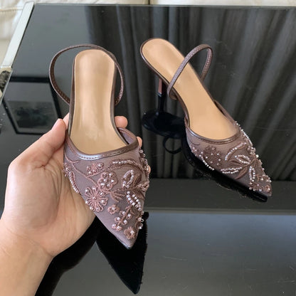Summer Pointed Toe Mesh Embroider High Heels for ladies Elegant String Bead pumps Sexy Luxury Designer Shoe Brown Heeled Sandals
