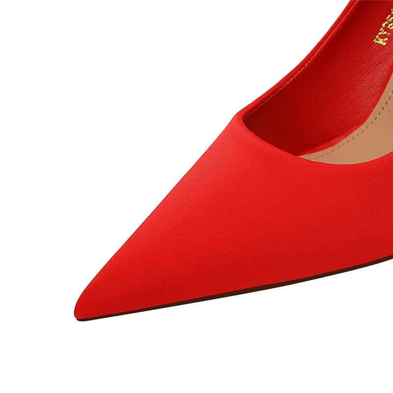 Women 7.5cm 10.5cm High Heels Scarpins Silk Satin Pumps Lady Quality Green Purple Fetish Wedding Bridal Mid Low Heels Prom Shoes