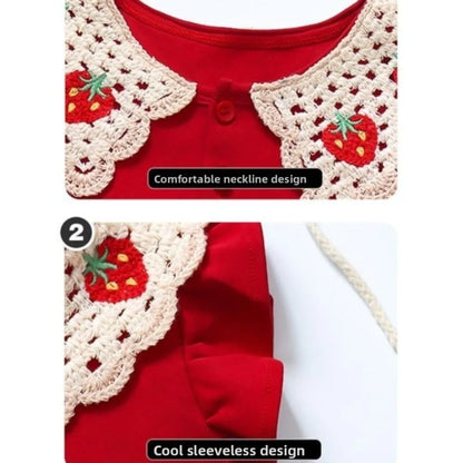 2026 Summer New Style Girls Sleeveless Dress Fashion Strawberry Turn-down Collar Kids Princess Dresses Child Red Party Clothes