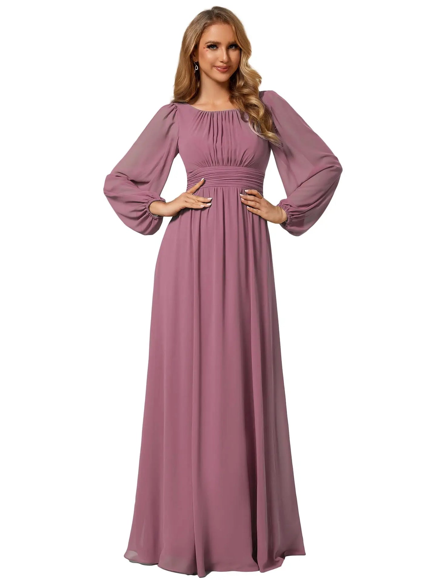 Women's Crewneck Lantern Sleeves Bridesmaid Dresses For Wedding Flowy A-Line Pleated Floor Length Chiffon Formal Evening Dresses