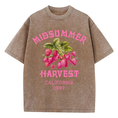 Men's Cotton T-shirt California Strawberry Printed Washed T-shirt Comfortable Round Neck Top Men's Summer Clothing