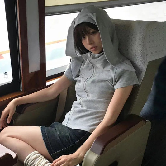 Japanese Y2k Hooded T-shirt Vintage 2000s Style Rabbit Ears Zipper Tops Harajuku Short Sleeve Thin Jacket Korean Popular