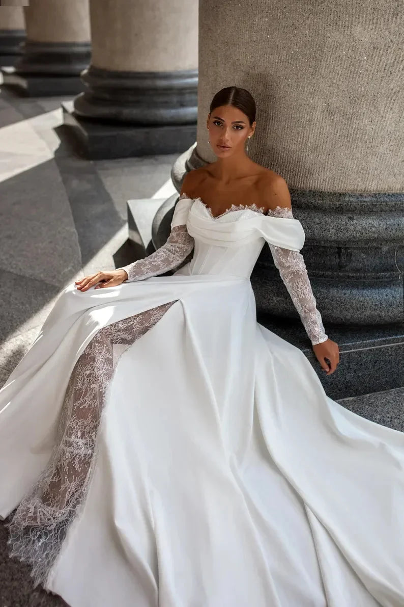 Princess Off The Shoulder Long Sleeves Sweetheart Lace Applique Boho Beach A Line Wedding Dresses 2025 Vestido De Noival