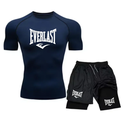 Men's Compress Shirt + 2-in-1 sports shorts 2pcs Set Leisure Breath Short Sleeve Sport Jogging Gym Brand Print Clothing