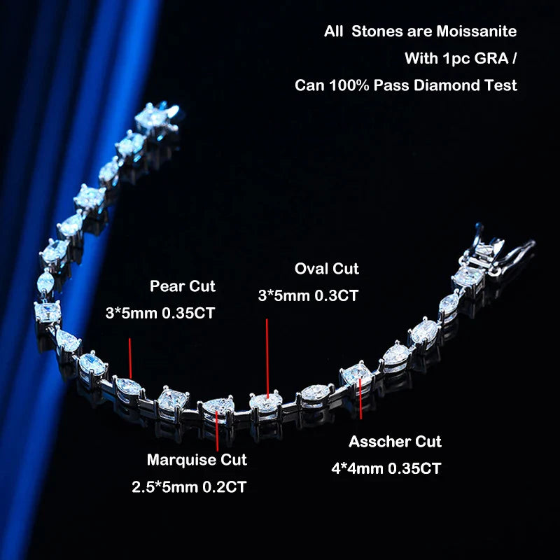 Full Pear Oval Marquise Cut Moissanite Tennis Bracelet for Women Men 925 Silver Pass Diamond Test Bangle Link Bracelets