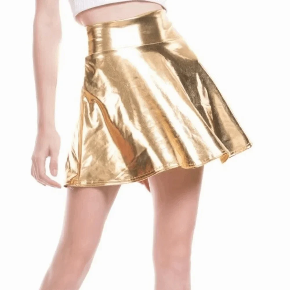 Elegant Metallic Pleated Skirt Gold Silver Flared Design A-line Short Skirt Retro Solid Color Girls Short Mini Skirt Clubwear