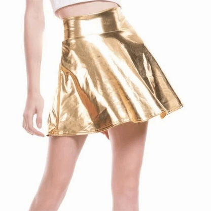 Elegant Metallic Pleated Skirt Gold Silver Flared Design A-line Short Skirt Retro Solid Color Girls Short Mini Skirt Clubwear