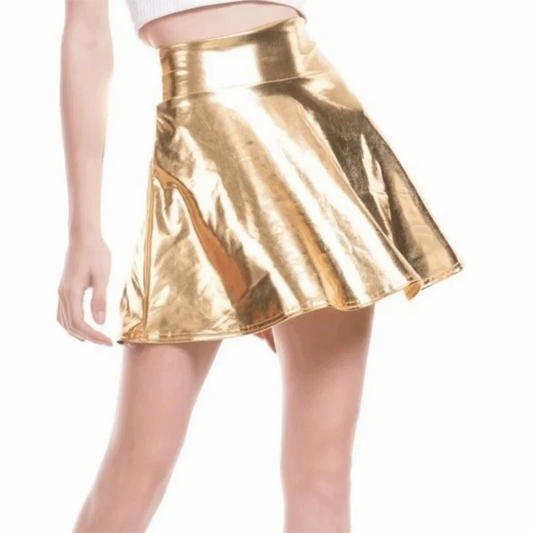 Elegant Metallic Pleated Skirt Gold Silver Flared Design A-line Short Skirt Retro Solid Color Girls Short Mini Skirt Clubwear