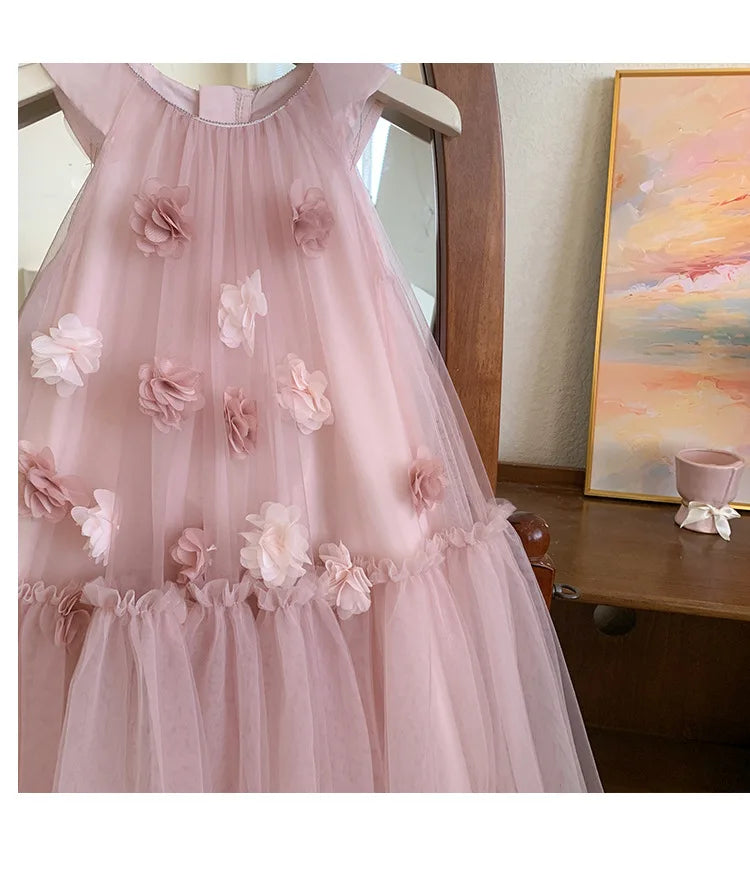 Girls' Sleeveless Floral Mesh Dress - Princess Party Gown for Toddlers 2-8 Years, Breathable Wedding & Special Occasion Dress