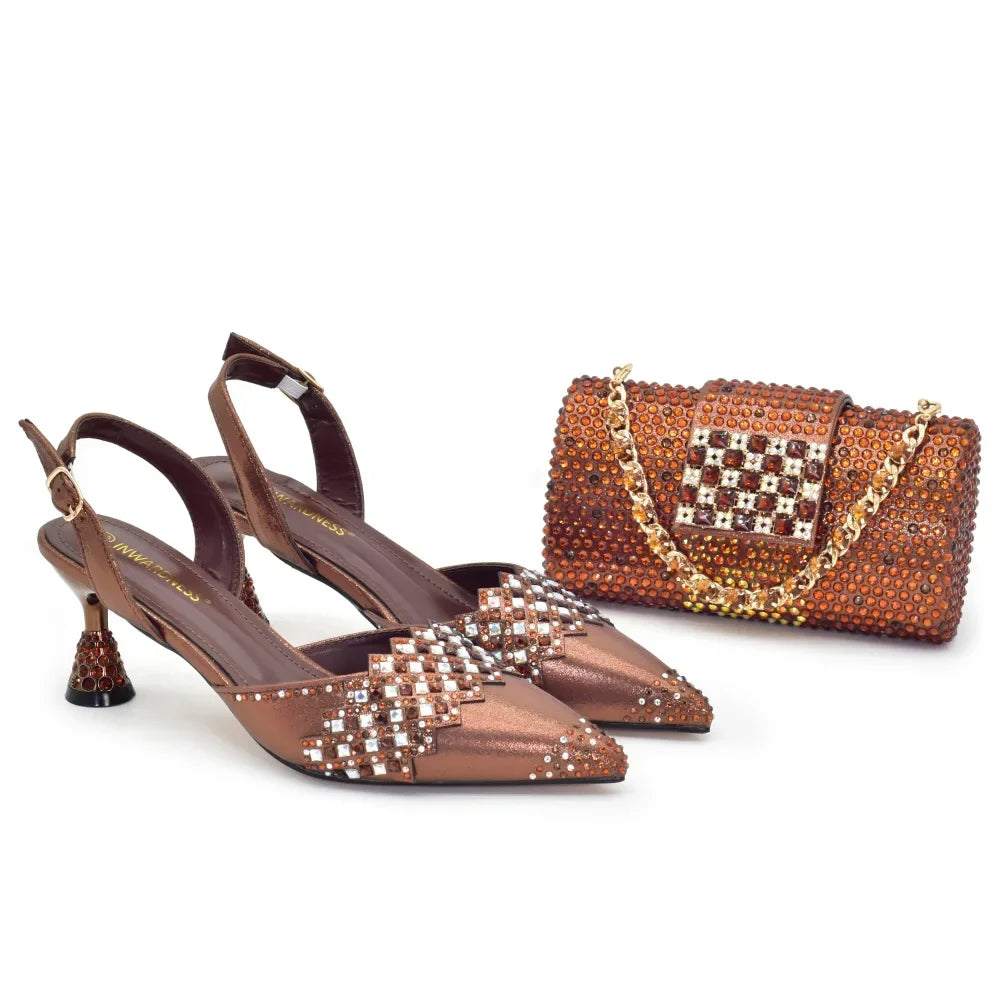 Sapatos e bolsas nigerianos italianos femininos decorados com strass, conjunto de luxo de sapato e bolsa para festa, scarpins femininos