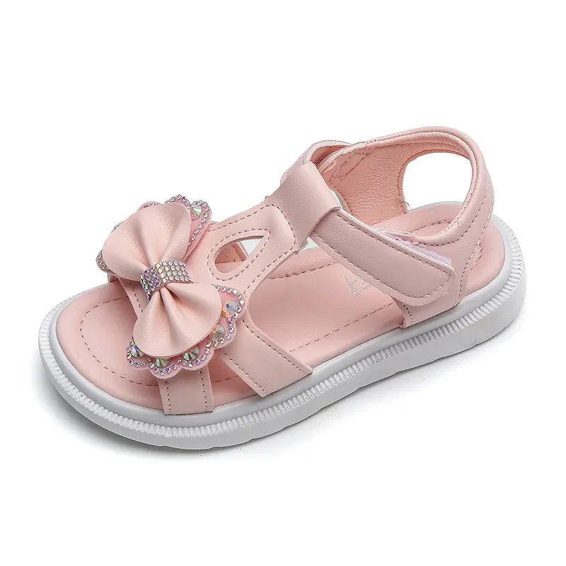 Girl Sandal Kid Summer Elegant Bling Rhinestone Party Princess Beach Shoes Cute Bowknot School Shoes for Kids Flat Heel F05201