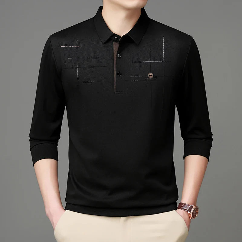 2025 Latest Autumn New Men's Long Sleeve Polo Shirt Middle Aged Business Comfortable Solid Color Men's Collar T-shirt