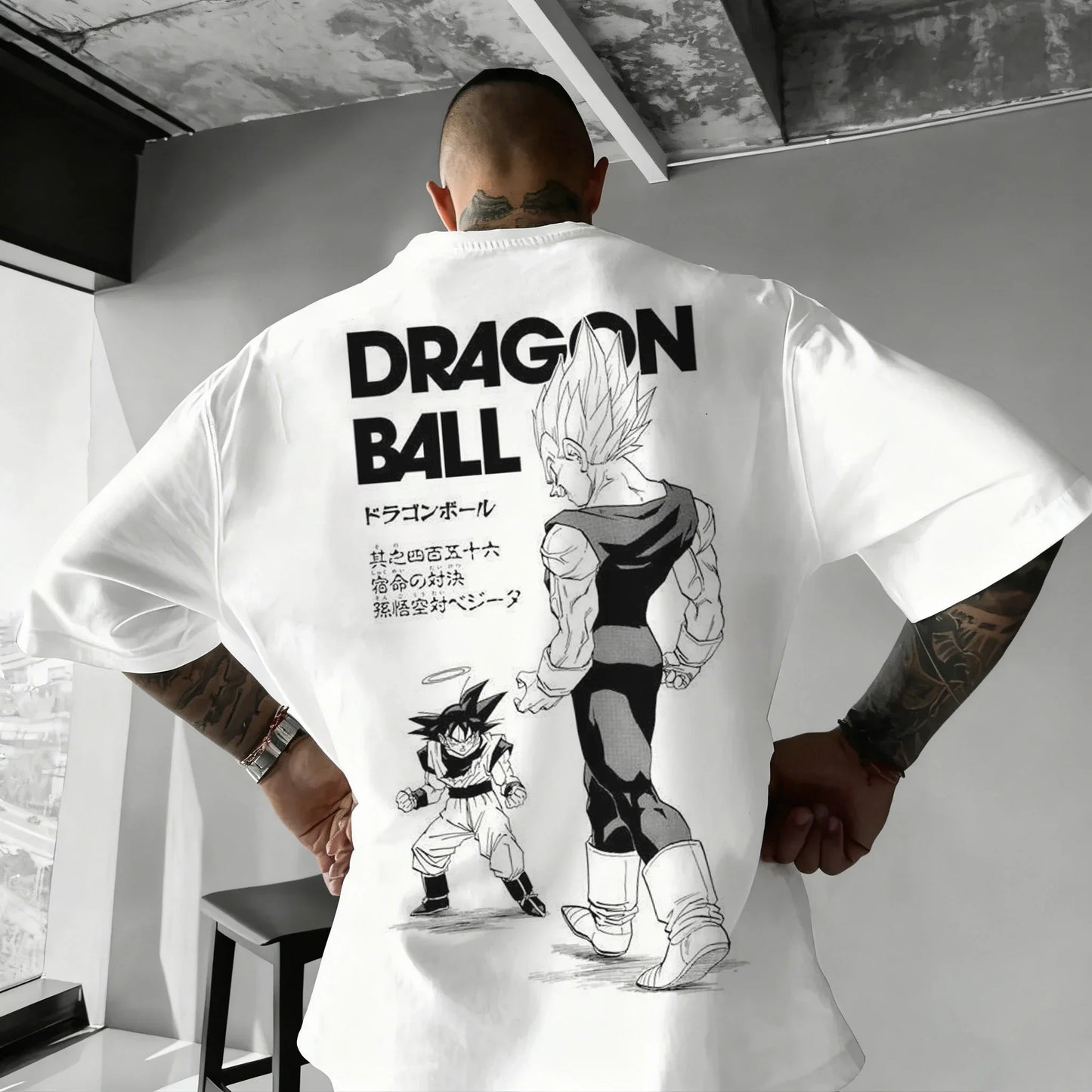 Oversized T-shirt High Quality 100% Cotton Kid Goku with Power Pole Line Art Print UnisexCasual Y2K