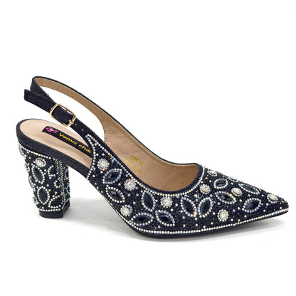 Conjunto Elegante de Sapatos e Bolsa Femininos Nigerianos de Bico Fino para Festa, Scarpins Luxuosos com Strass para Ocasiões Especiais