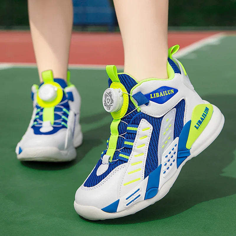 New Children Basketball Shoes Swivel Button Boys Fashion Sneakers Girls School Sport Shoes Kids Casual Trainers Outdoor Shoes