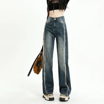Cotton Wide-leg Women's Baggy Jeans High Waist Distressed