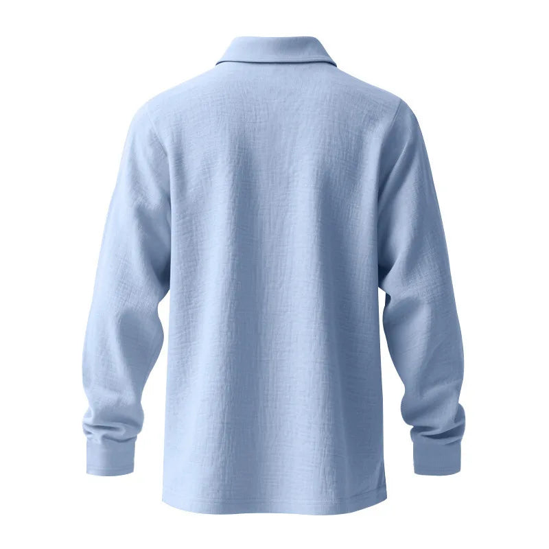 Linen shirt stand-up collar button-down men's loose casual breathable V-neck long-sleeved polo shirt