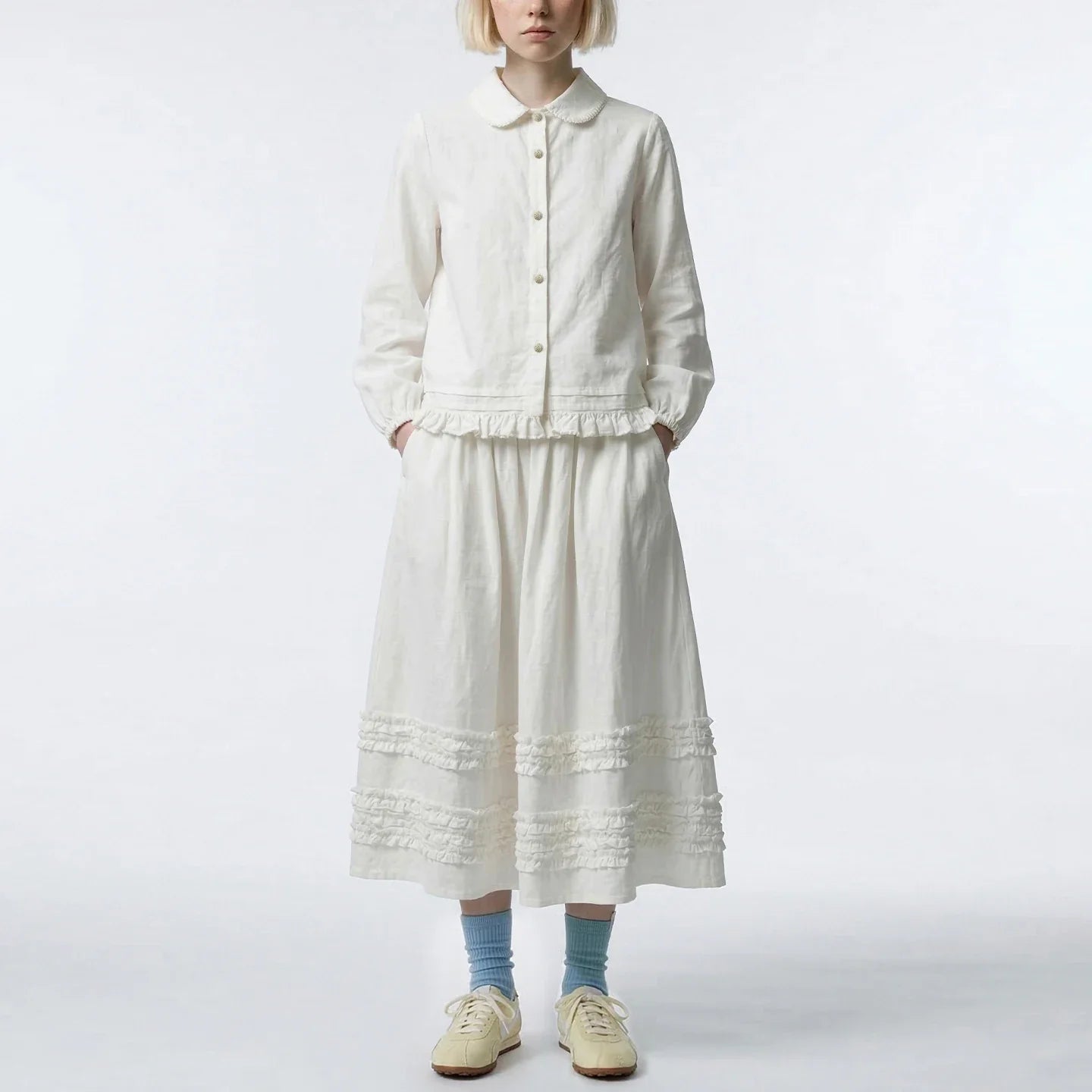 Artistic ruffled half skirt for women, imakokoni 2026 spring forest style white midi skirt, versatile 265387
