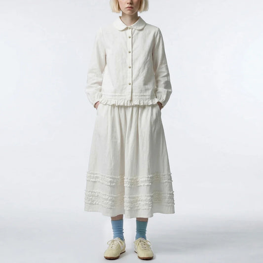 Artistic ruffled half skirt for women, imakokoni 2026 spring forest style white midi skirt, versatile 265387