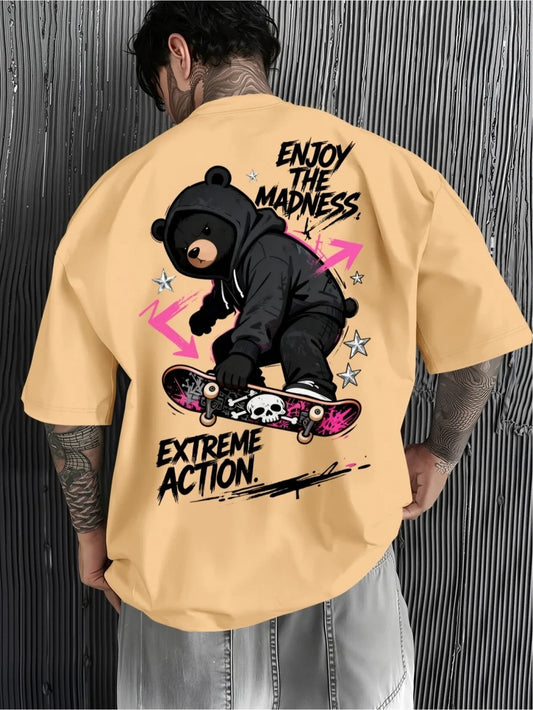 American men's summer trend skateboard teddy bear letter print soft and breathable round neck T-shirt outdoor casual top